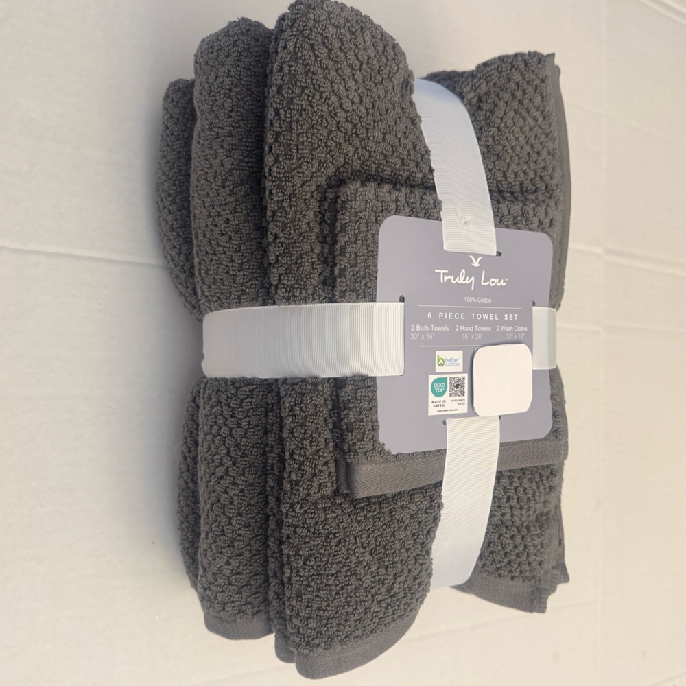 6pc TRULY LOU 100% Cotton Bath Towel Set - Moltenlead - Dark Gray